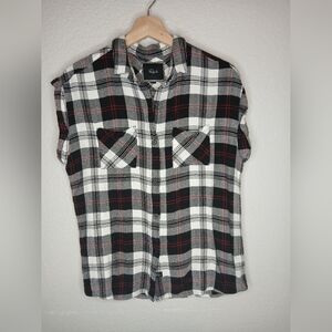 Rails Black, White, and Red Plaid Button Up Cuffed Short No Sleeves Shirt
